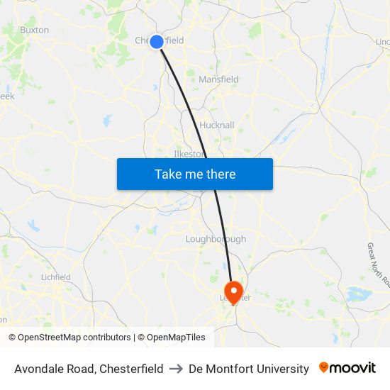 Avondale Road, Chesterfield to De Montfort University map