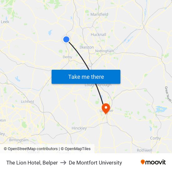 The Lion Hotel, Belper to De Montfort University map