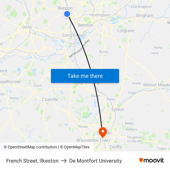 French Street, Ilkeston to De Montfort University map