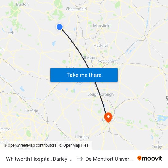 Whitworth Hospital, Darley Dale to De Montfort University map