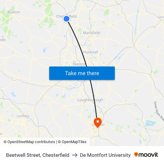 Beetwell Street, Chesterfield to De Montfort University map