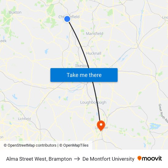 Alma Street West, Brampton to De Montfort University map