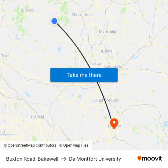 Buxton Road, Bakewell to De Montfort University map