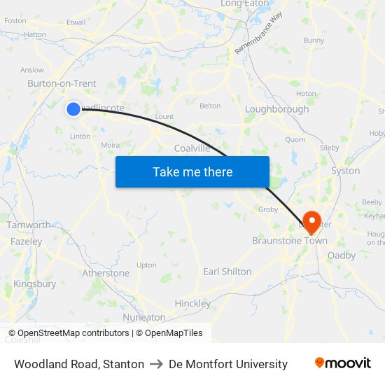 Woodland Road, Stanton to De Montfort University map