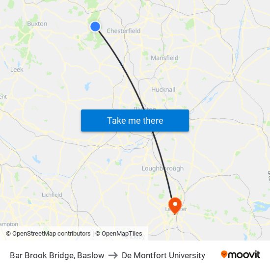Bar Brook Bridge, Baslow to De Montfort University map