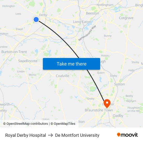 Royal Derby Hospital to De Montfort University map