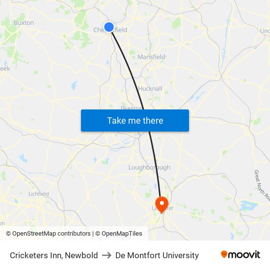 Cricketers Inn, Newbold to De Montfort University map