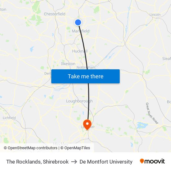 The Rocklands, Shirebrook to De Montfort University map