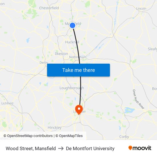 Wood Street, Mansfield to De Montfort University map