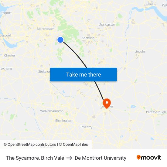 The Sycamore, Birch Vale to De Montfort University map