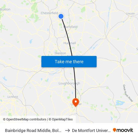 Bainbridge Road Middle, Bolsover to De Montfort University map