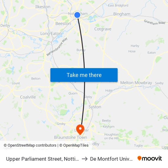 Upper Parliament Street, Nottingham to De Montfort University map
