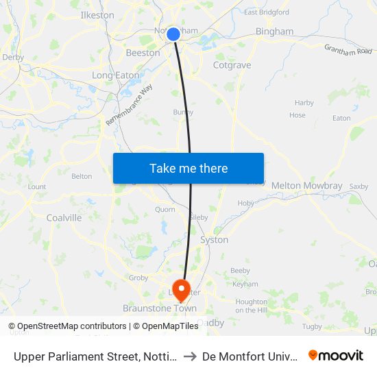 Upper Parliament Street, Nottingham to De Montfort University map