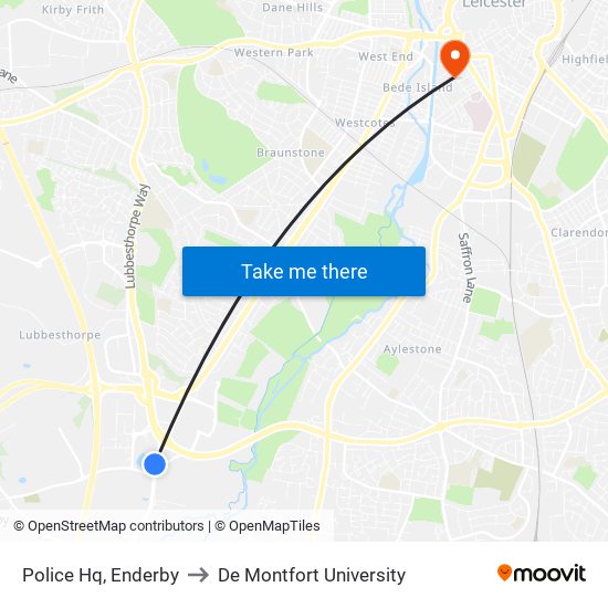 Police Hq, Enderby to De Montfort University map