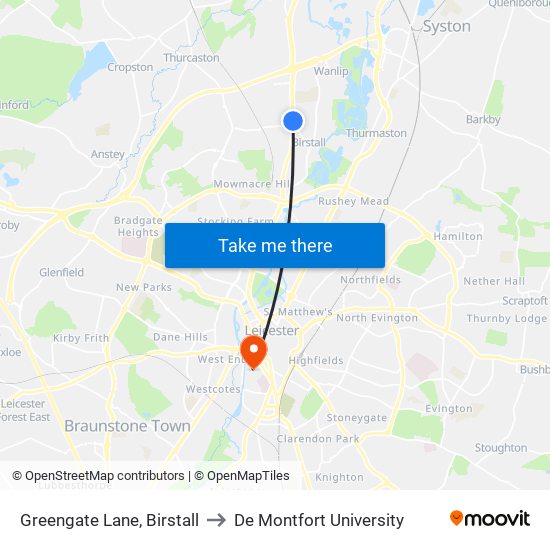 Greengate Lane, Birstall to De Montfort University map