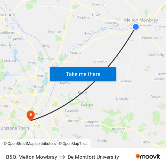 B&Q, Melton Mowbray to De Montfort University map