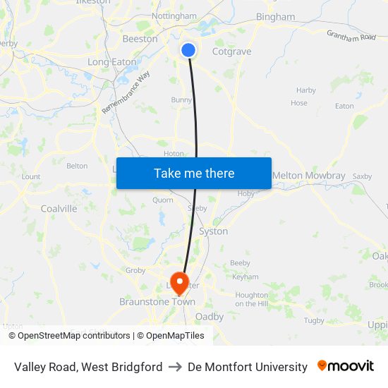 Valley Road, West Bridgford to De Montfort University map