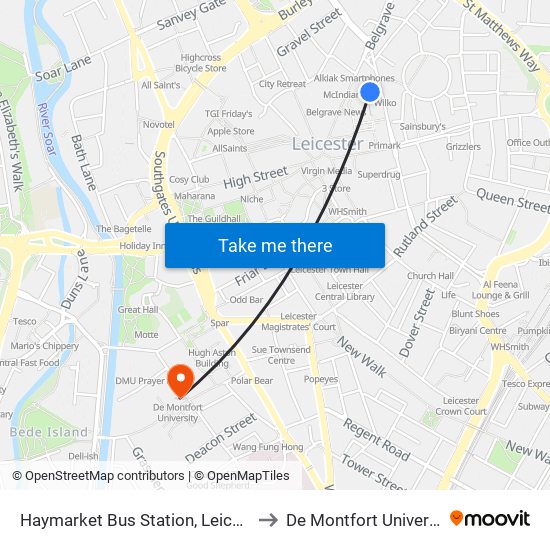 Haymarket Bus Station, Leicester to De Montfort University map