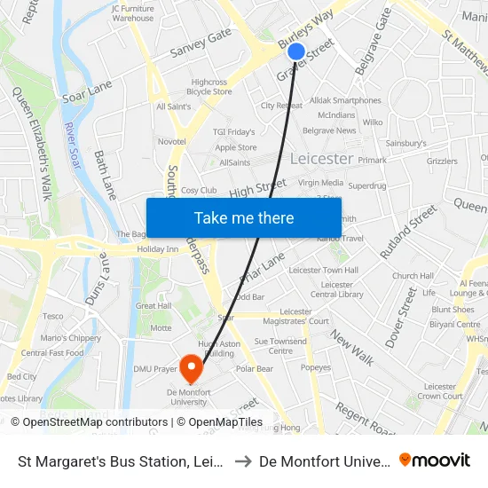 St Margaret's Bus Station, Leicester to De Montfort University map