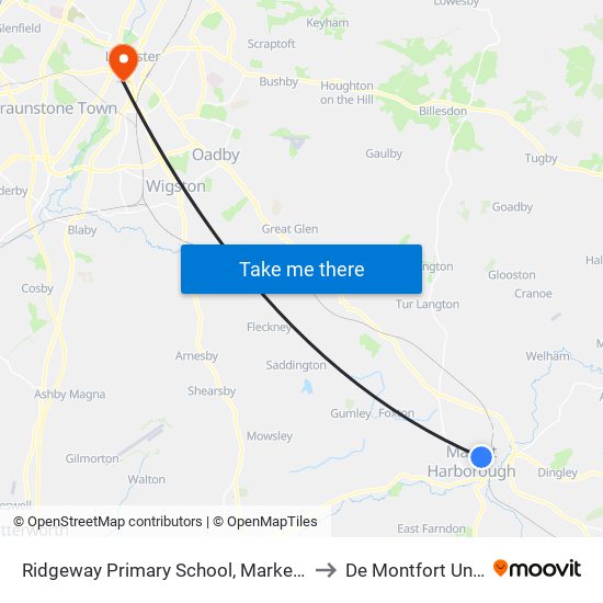 Ridgeway Primary School, Market Harborough to De Montfort University map