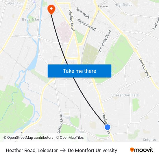 Heather Road, Leicester to De Montfort University map