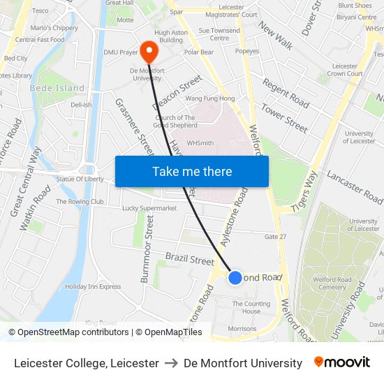 Leicester College, Leicester to De Montfort University map