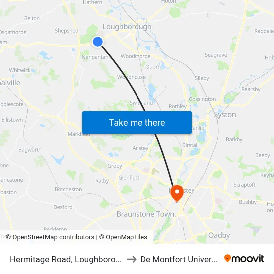 Hermitage Road, Loughborough to De Montfort University map