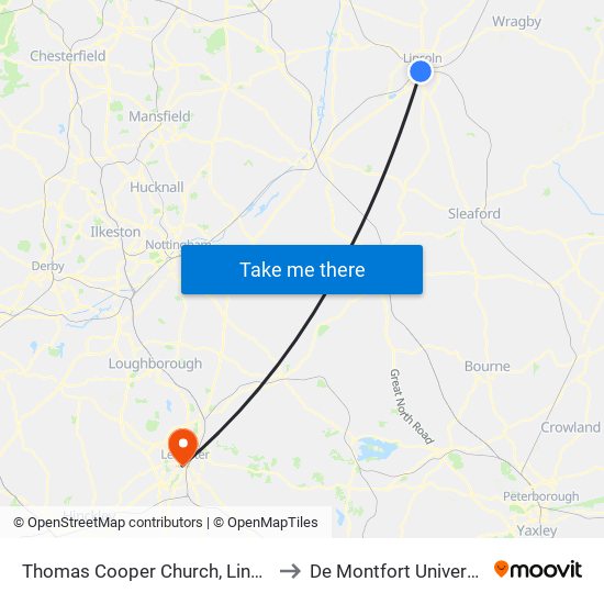 Thomas Cooper Church, Lincoln to De Montfort University map