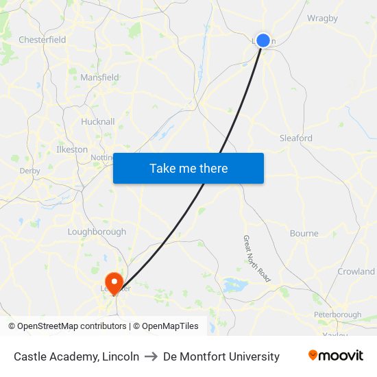 Castle Academy, Lincoln to De Montfort University map