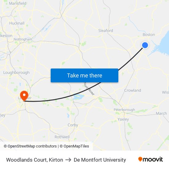 Woodlands Court, Kirton to De Montfort University map