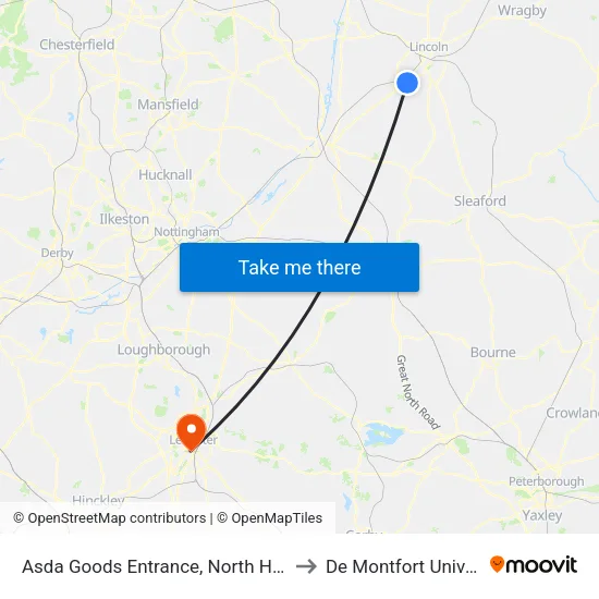 Asda Goods Entrance, North Hykeham to De Montfort University map