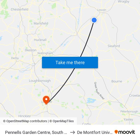 Pennells Garden Centre, South Hykeham to De Montfort University map