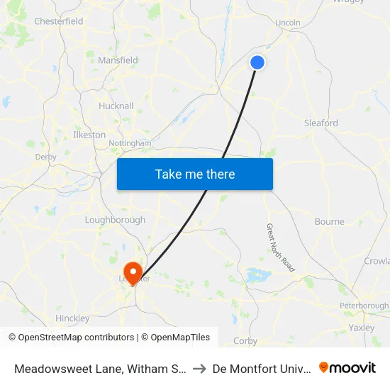 Meadowsweet Lane, Witham St Hughs to De Montfort University map