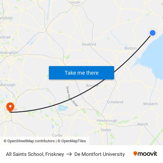 All Saints School, Friskney to De Montfort University map