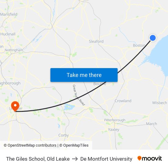 The Giles School, Old Leake to De Montfort University map