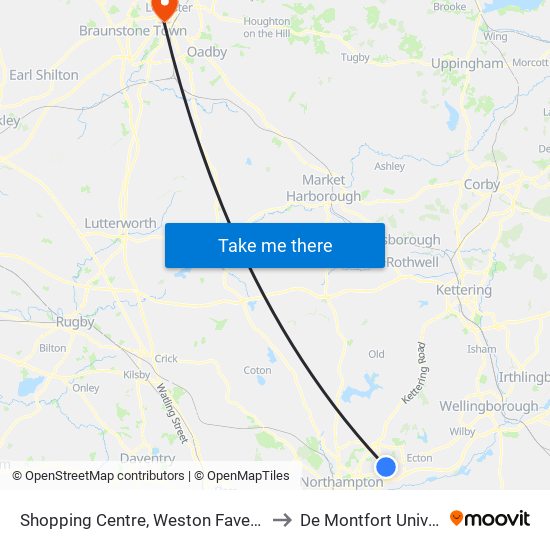 Shopping Centre, Weston Favell Centre to De Montfort University map