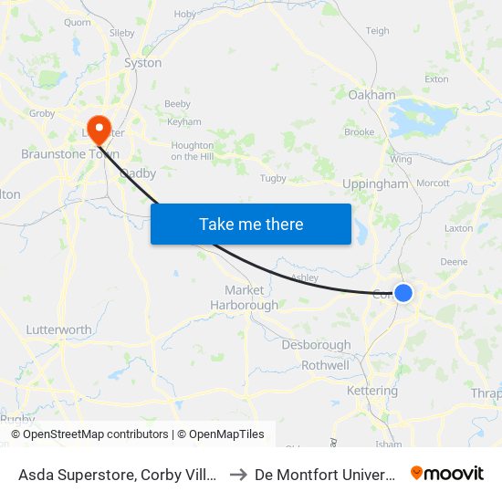 Asda Superstore, Corby Village to De Montfort University map