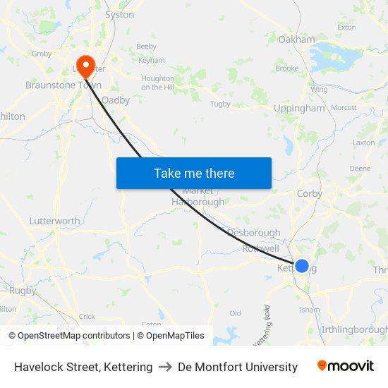 Havelock Street, Kettering to De Montfort University map