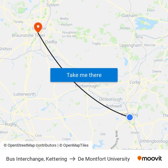 Bus Interchange, Kettering to De Montfort University map