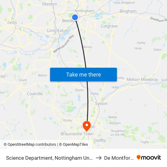 Science Department, Nottingham University Main Campus (Un31) to De Montfort University map