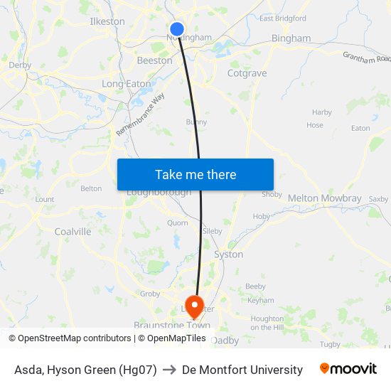 Asda, Hyson Green (Hg07) to De Montfort University map