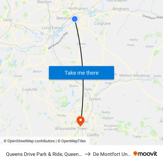 Queens Drive Park & Ride, Queens Drive (Li10) to De Montfort University map