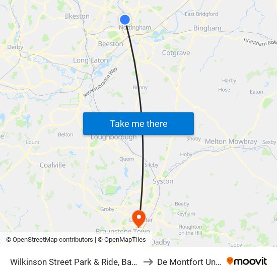 Wilkinson Street Park & Ride, Basford (Ba84) to De Montfort University map