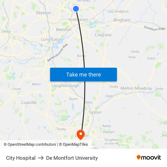 City Hospital to De Montfort University map