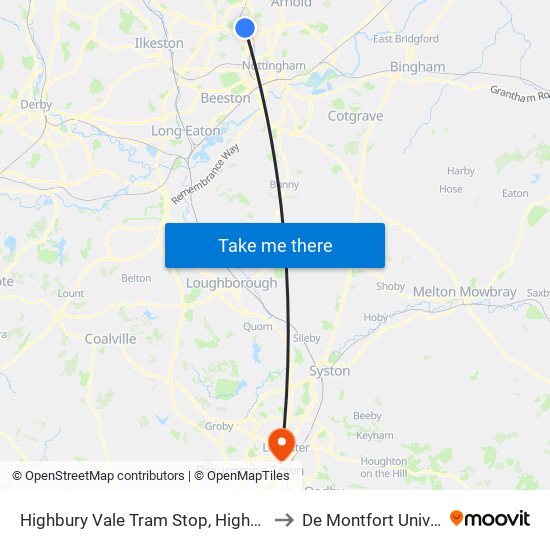 Highbury Vale Tram Stop, Highbury Vale to De Montfort University map