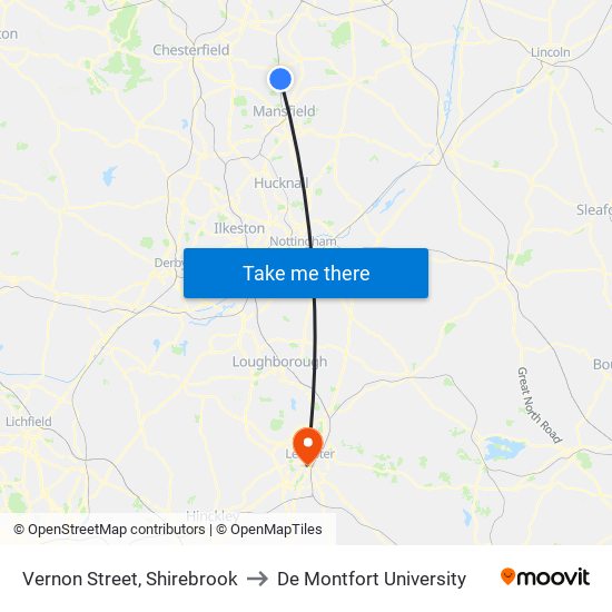 Vernon Street, Shirebrook to De Montfort University map