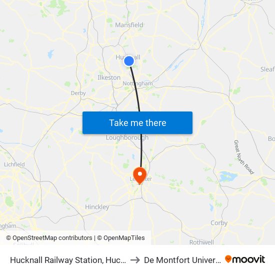 Hucknall Railway Station, Hucknall to De Montfort University map