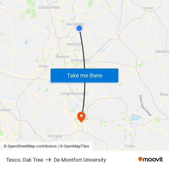 Tesco, Oak Tree to De Montfort University map