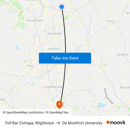 Toll Bar Cottage, Wigthorpe to De Montfort University map