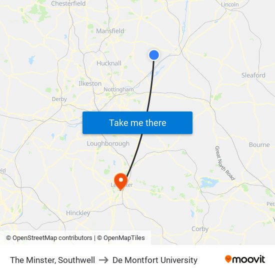 The Minster, Southwell to De Montfort University map